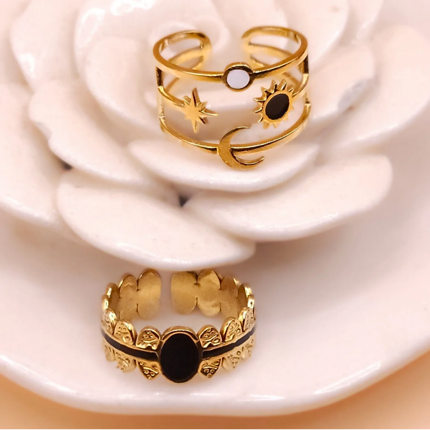 Gold Sun & Moon 3-Layer Adjustable Ring