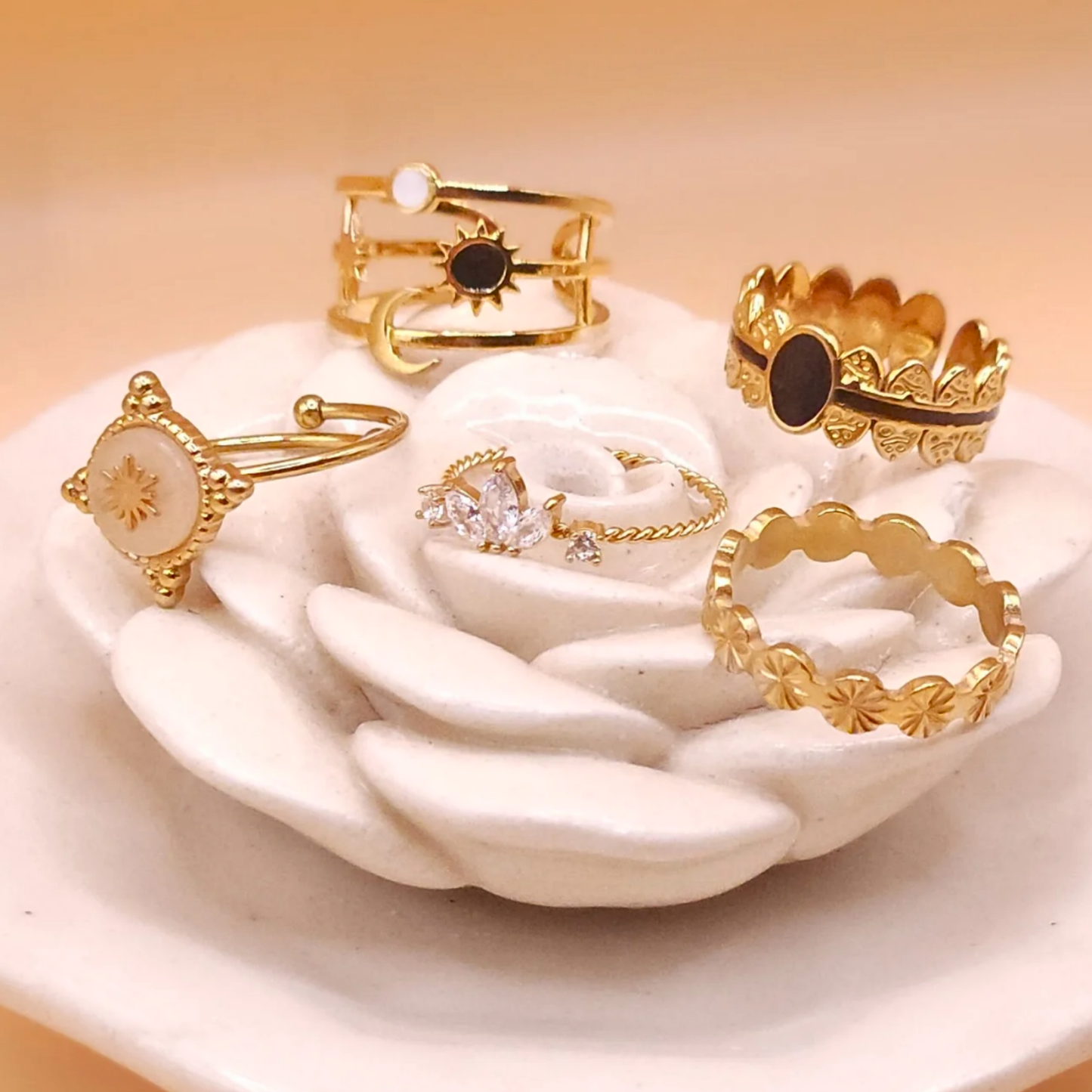 Gold Sun & Moon 3-Layer Adjustable Ring