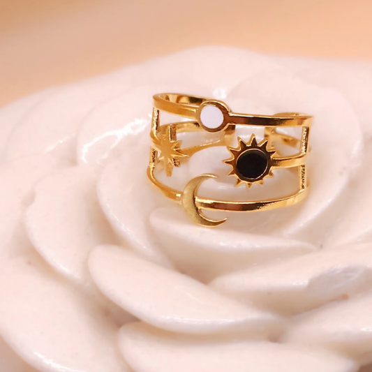 Gold Sun & Moon 3-Layer Adjustable Ring